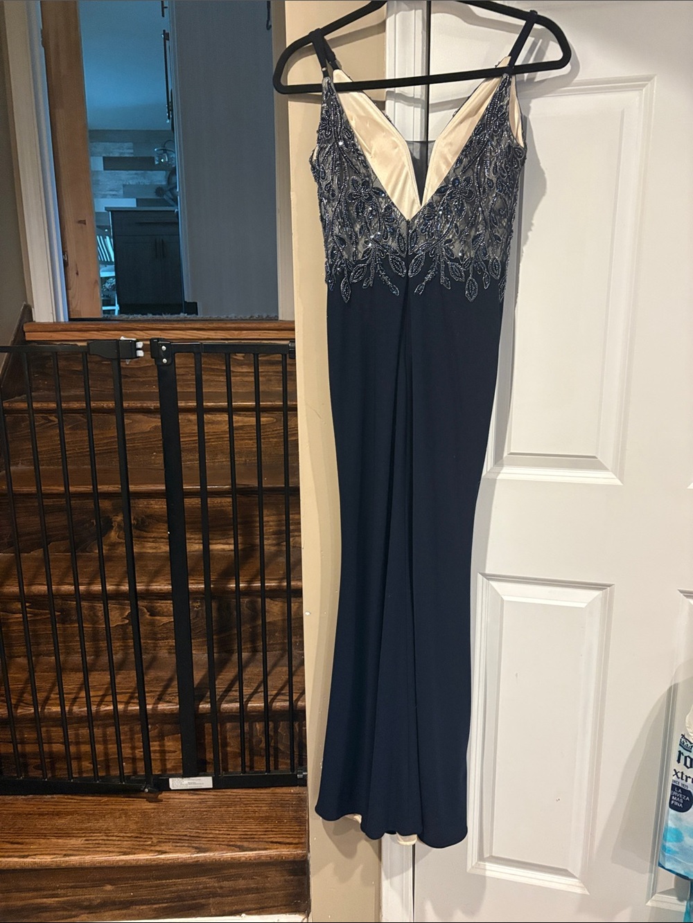 Cape Juby Navy and Champagne Beaded V-Neck Evening Dress